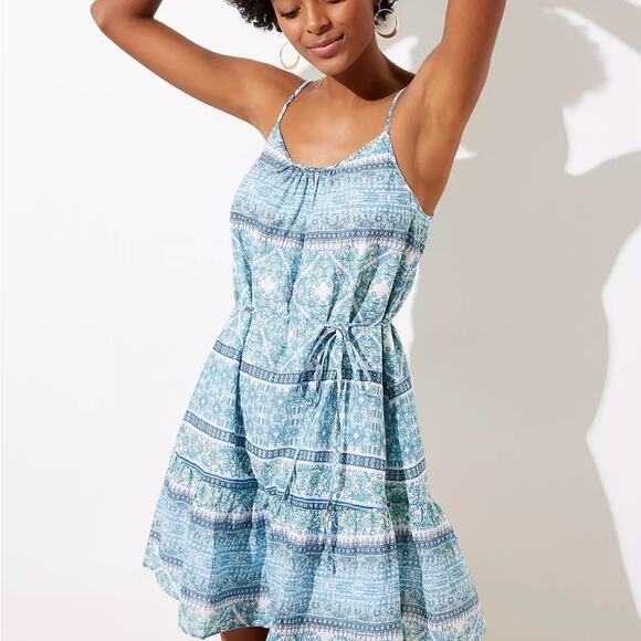 Loft Beach Mosaic Strappy Flounce Mini Dress Womens XS Blue Tie Waist Coastal - Picture 1 of 9